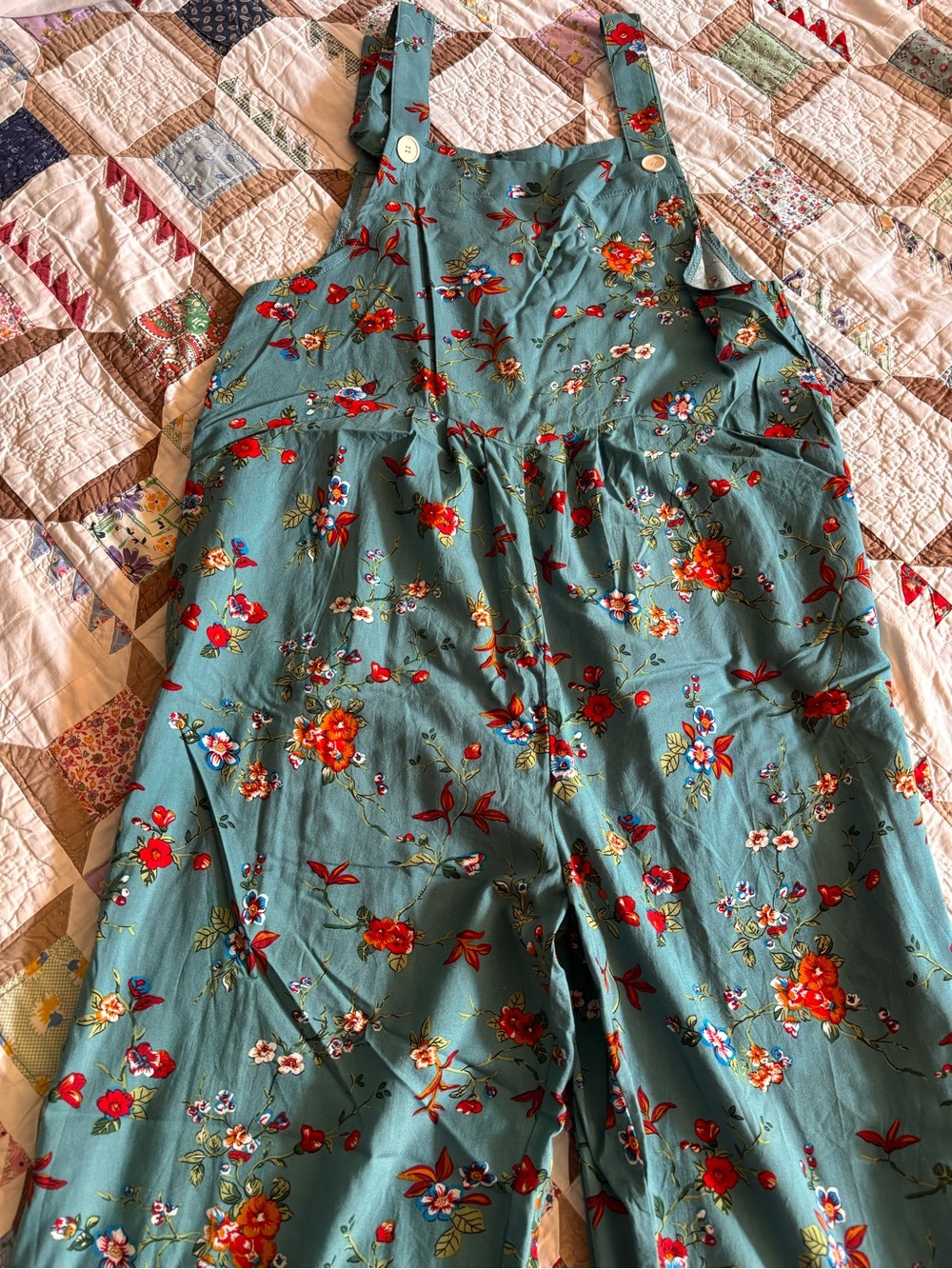 Amazon Green Floral Cotton Blend Jumpsuit with Red & Orange Blooms